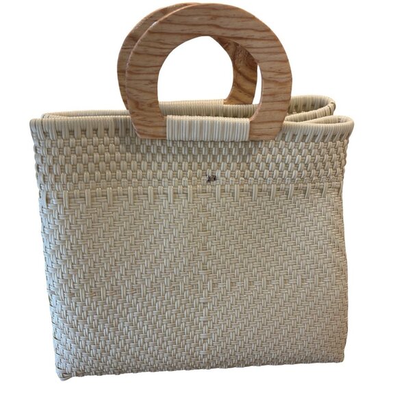 Women’s Woven Tote Wicker/Rattan Style Ivory Wooden Handle Med-large Chic Modern - Picture 3 of 8